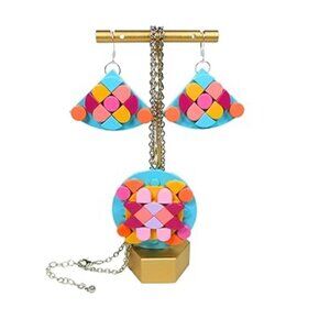 Upcycled Lego Brick Modern Mosaic Necklace & Earrings in Pink, Orange, Magenta